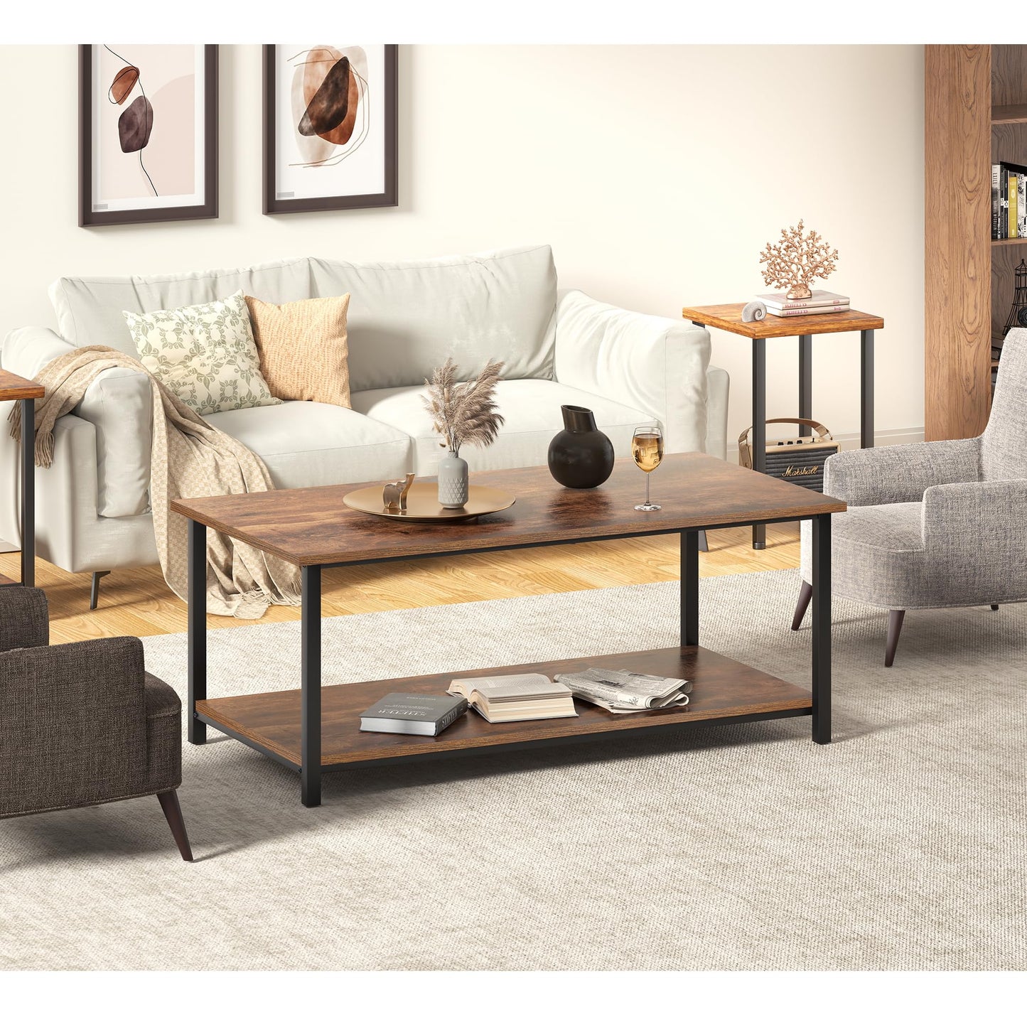2-Tier Coffee Table with Storage Shelf, Brown Wood and Metal Frame Rectangle Table for Living Room, 39.3"x20"x16"