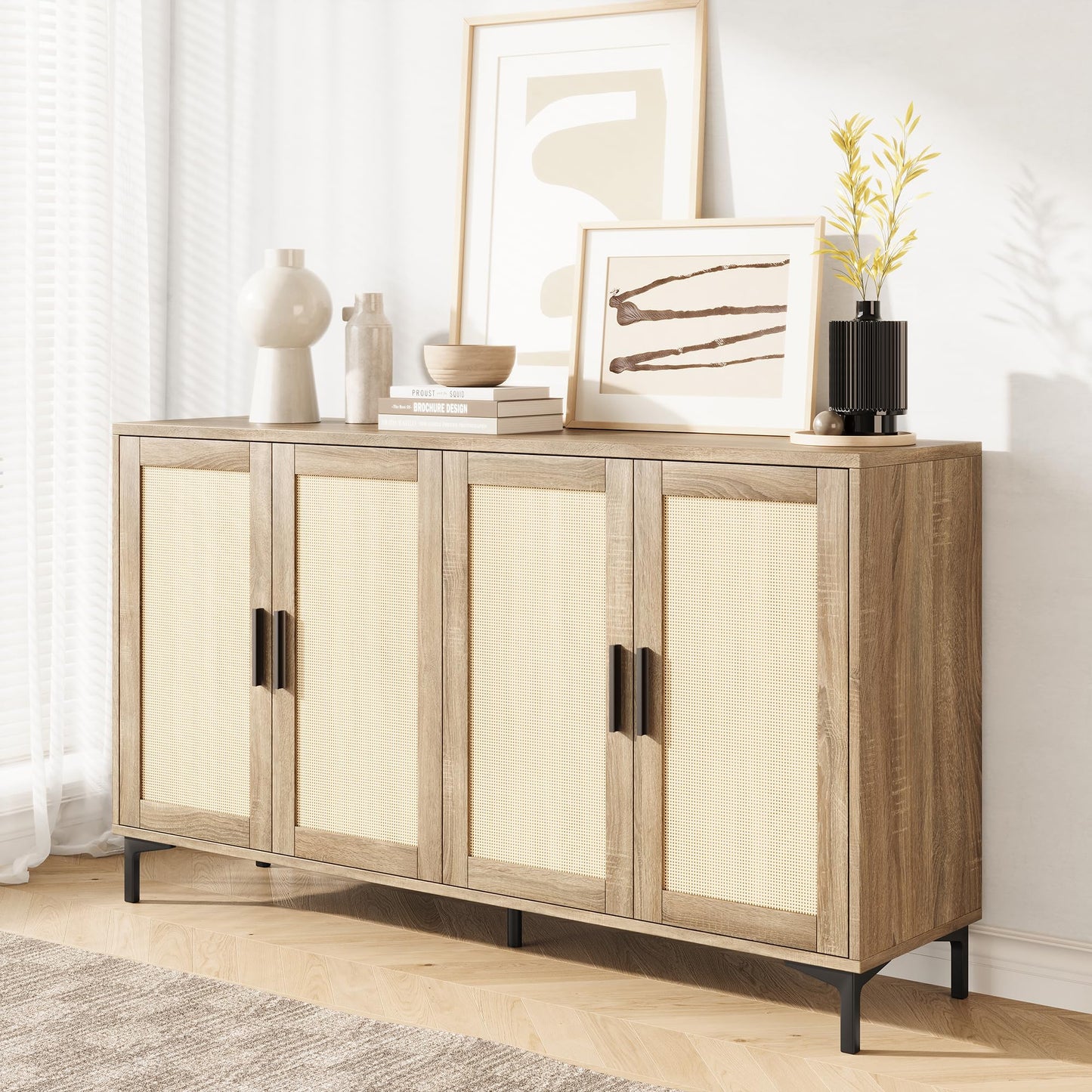 JASIWAY Sideboard - Kitchen Buffet Cabinet with Rattan Decorated Doors, Accent Cabinets with Doors, Coffee Bar Cabinets Rattan Sideboard Buffet Cabinet with Storage (Natural with 4 Doors)