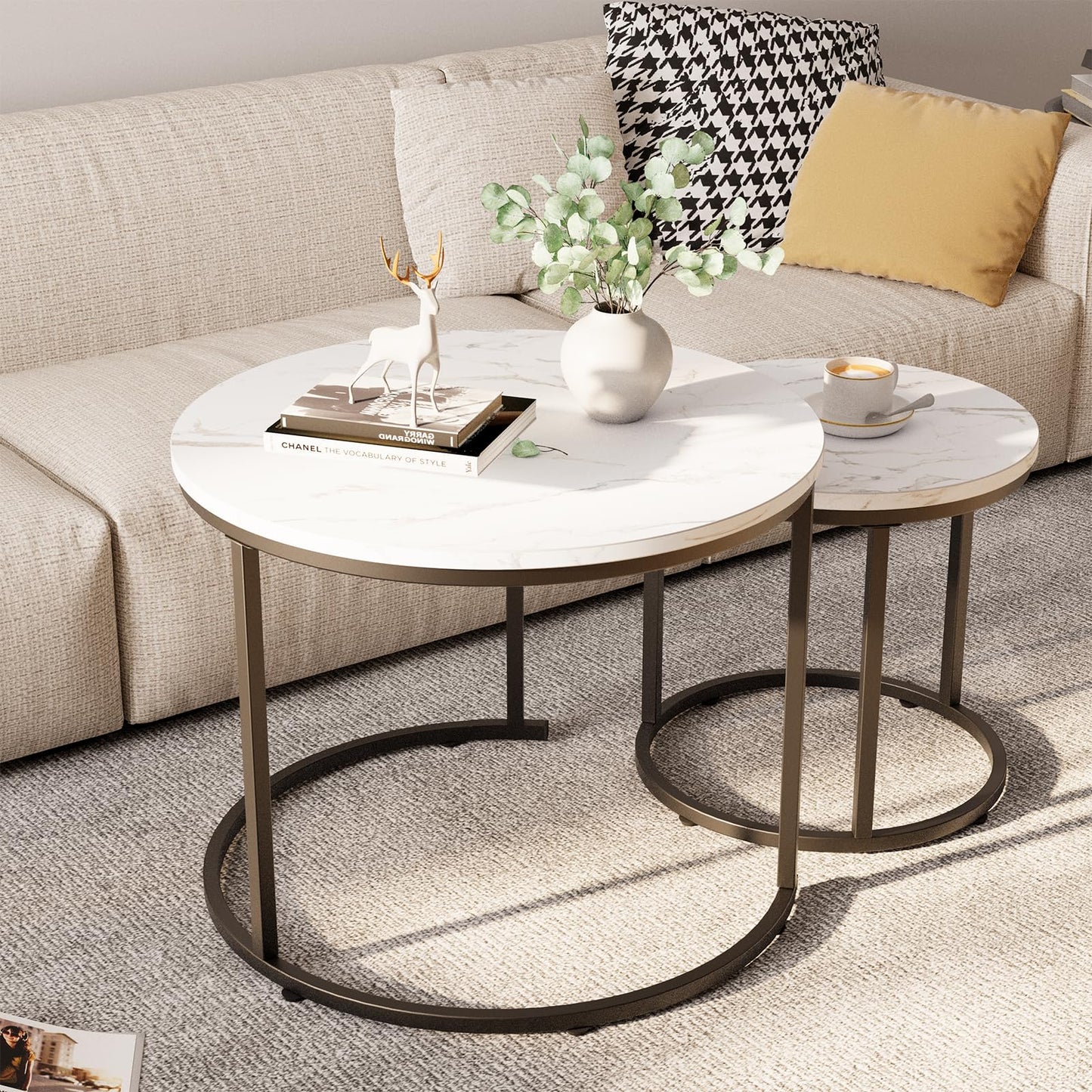 Round Nesting Coffee Table Set of 2, White Faux Marble Wooden Tables with Black Steel Frame for Living Room or Bedroom