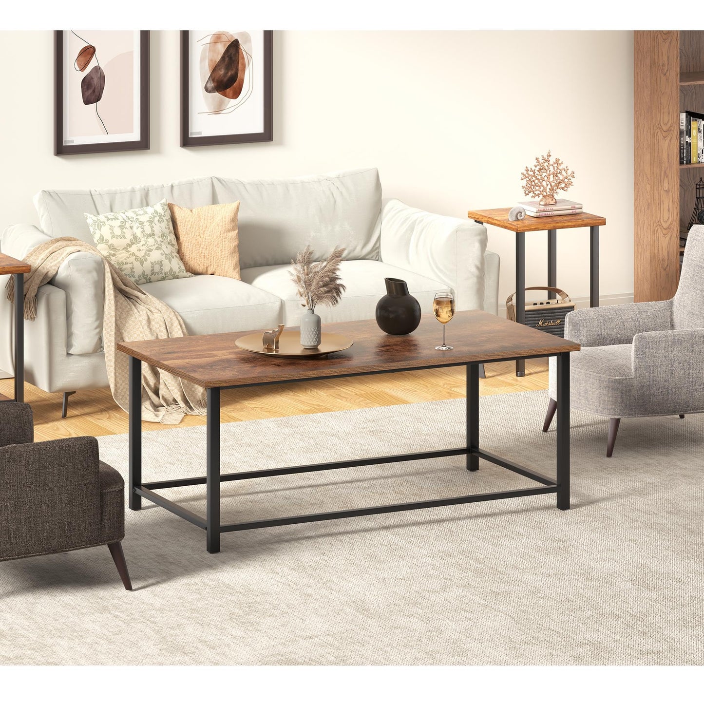 Modern Industrial Rectangular Coffee Table, Brown Wood and Metal Frame, Rustic Accent Table for Living Room, 39.3"x20"x16"