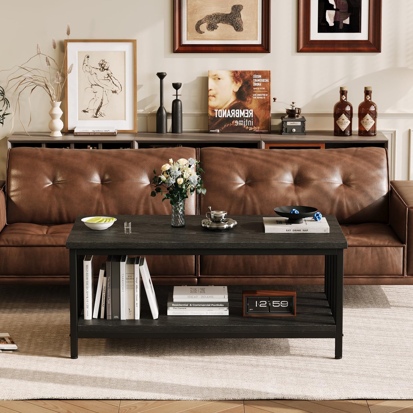 Modern Farmhouse Coffee Table with Slatted Frame, 2-Tier Storage Shelf for Living Room or Office, 39 Inch Black