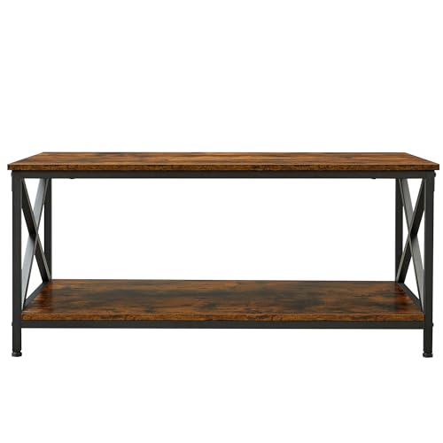 Industrial Farmhouse Coffee Table with X-Shape Steel Frame and Storage Shelf, 39.4"x21.7"x17.7", Rustic Brown/Black