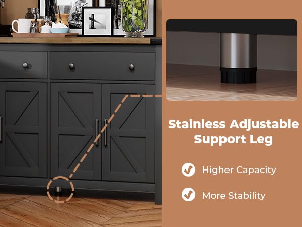 55" Modern Farmhouse Sideboard Buffet Cabinet with Storage, Black Wood Coffee Bar Cabinet with 2 Drawers & 4 Barn Doors, Long Storage Cabinet for Kitchen, Dining Room & Living Room