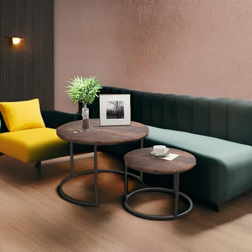 Industrial Round Coffee Table Set of 2, Stacking Side Tables with Wood-Look Top and Metal Frame for Living Room, Black/Rustic Brown