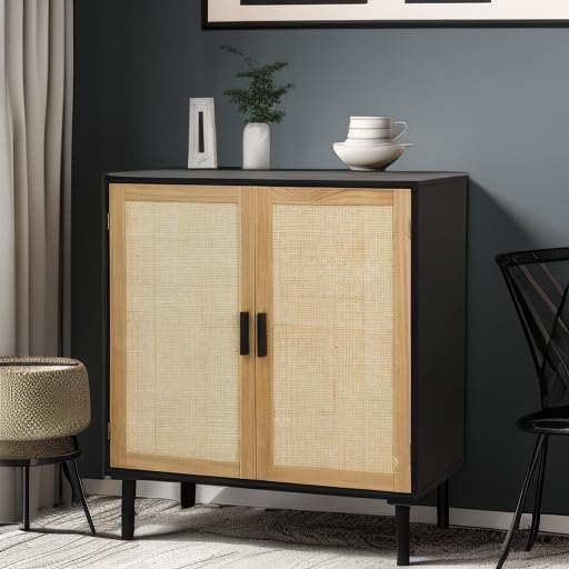 Sideboard Buffet Cabinet with Rattan Decorated Doors, Kitchen Storage Console Table and Liquor Buffet for Bar, Dining Room, or Hallway, 31.5" x 15.8" x 34.6"