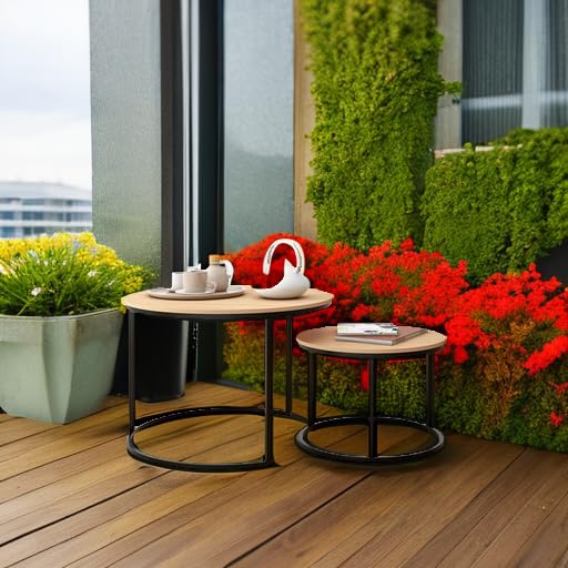 Industrial Round Coffee Table Set of 2, Stacking Side Tables with Wood-Look Top and Metal Frame for Living Room, Black/Teak