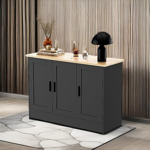 43" Black Buffet Cabinet with 3 Doors and Adjustable Shelf, Modern Coffee Bar Sideboard for Kitchen or Living Room