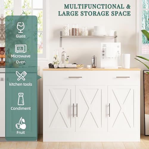 42" Modern Farmhouse Sideboard Buffet Cabinet with 3 Barn Doors and Adjustable Shelf, Wood Coffee Bar Storage for Kitchen or Living Room, White