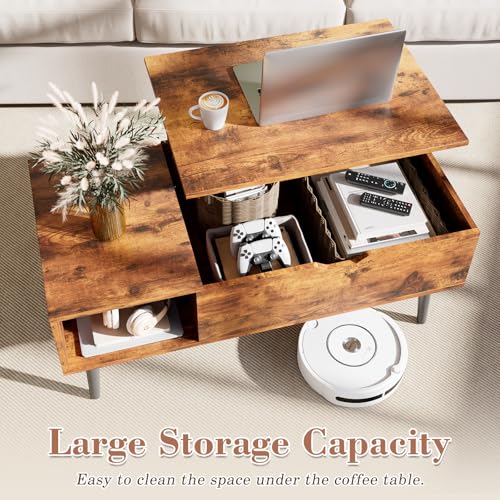 OLIXIS Rustic Wooden Lift Top Coffee Table – Hidden Compartment & Ample Storage Shelf, Convertible Dining Table for Living Room or Small Spaces