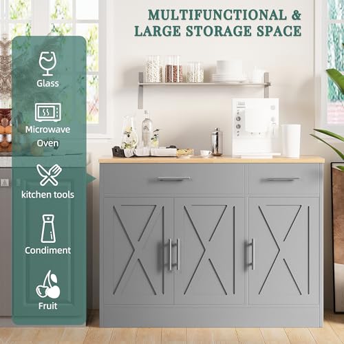 Modern Farmhouse Sideboard Buffet Cabinet with 3 Doors and Adjustable Shelf, 42" Wood Storage Cabinet for Kitchen or Living Room, Grey