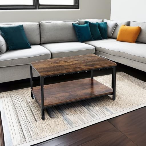 SUPER DEAL 2-Tier Industrial Coffee Table with Storage Shelf – Rustic Brown Rectangle Wood and Metal Center Table for Small Apartments, Living Room, or as a TV Stand/Side End Table