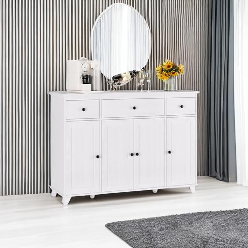 47" White Buffet Cabinet with 3 Drawers, 4 Doors, and Adjustable Shelves, Modern Coffee Bar Sideboard for Kitchen, Dining, or Living Room
