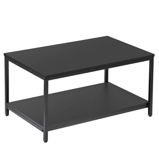 SUPER DEAL 2-Tier Industrial Coffee Table with Storage Shelf – Black Rectangle Wood and Metal Center Table for Small Apartments, Living Room, or as a TV Stand/Side End Table