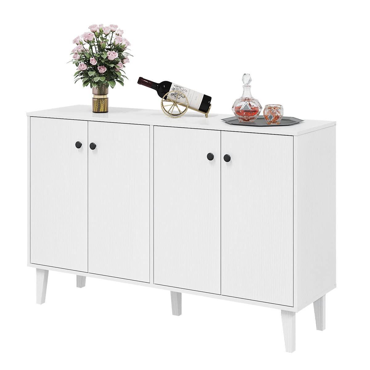 White Sideboard Buffet Cabinet with 4 Doors, Kitchen and Living Room Storage Console Table