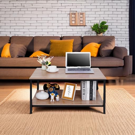 SUPER DEAL 2-Tier Industrial Coffee Table with Storage Shelf – Natural Oak Rectangle Wood and Metal Center Table for Small Apartments, Living Room, or as a TV Stand/Side End Table