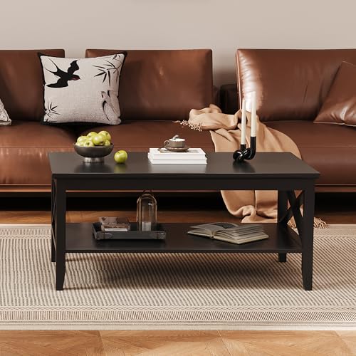 Black Wood Coffee Table with Thick Legs and Storage for Living Room