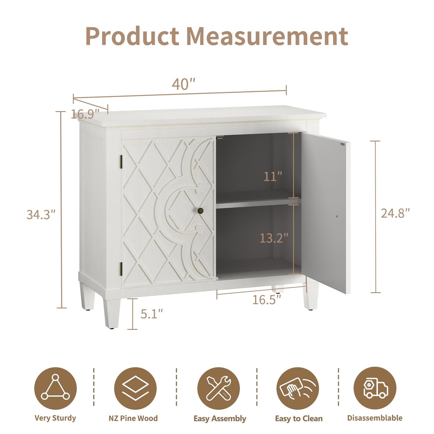 40" Coffee Bar Cabinet with Doors and Shelf, Wood Storage Sideboard with Carved Motif for Living Room, Kitchen, or Entryway, Distressed White