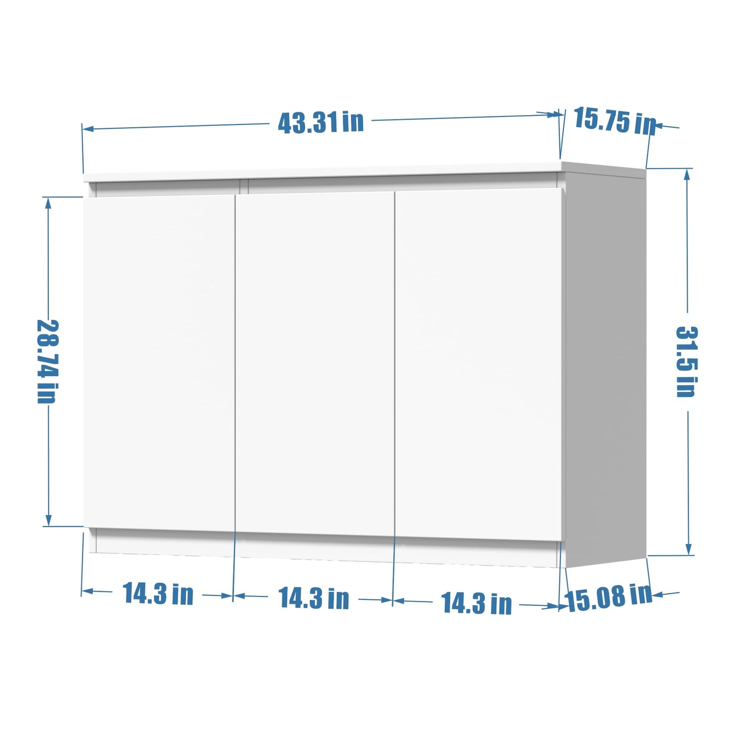 43" White Buffet Storage Cabinet with 3 Doors, Coffee Bar Sideboard for Kitchen or Living Room, 43.3" W x 31.5" H