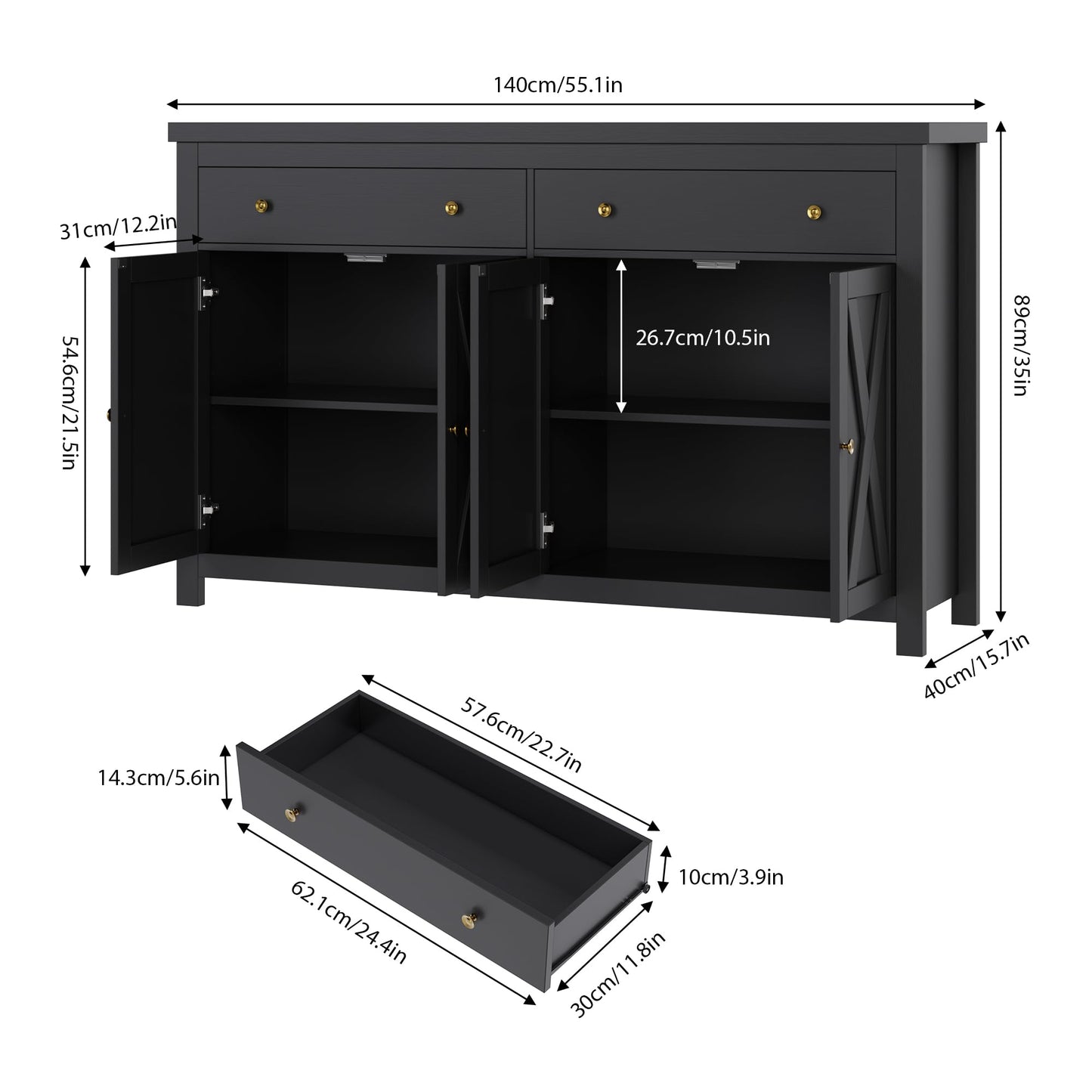 55" Large Sideboard Buffet Cabinet with 2 Drawers and 4 Doors, Wood Storage Buffet Table for Kitchen or Dining Room, Black