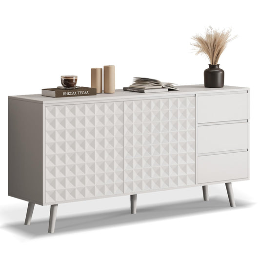 **59.8" Large Buffet Sideboard Cabinet with 2 Doors and 3 Drawers, Diamond-Pattern Console with Adjustable Shelves for Kitchen or Dining Room**