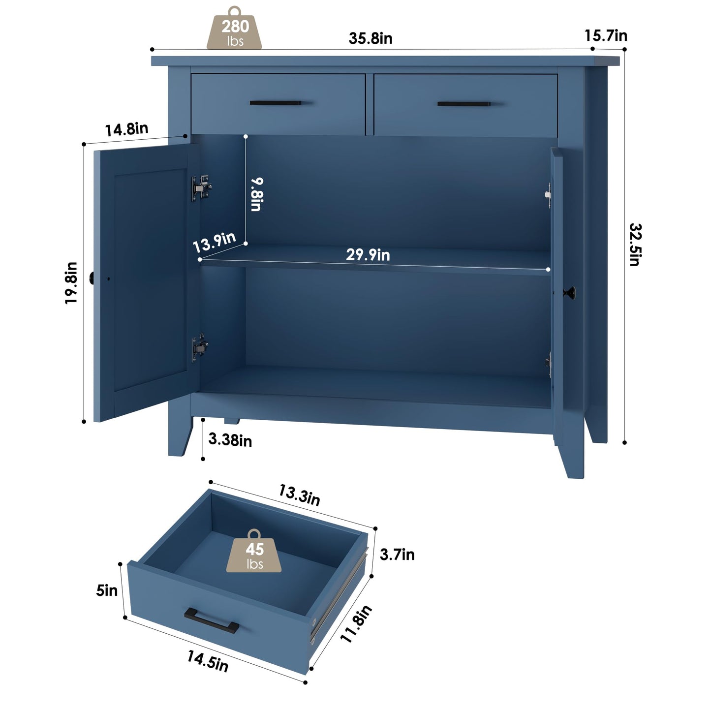 HORSTORS Modern Farmhouse Buffet Cabinet with Storage, Kitchen Sideboard Coffee Bar with 2 Drawers and 2 Doors, Floor Storage Cabinet for Living Room, Dining Room, or Bathroom, Blue
