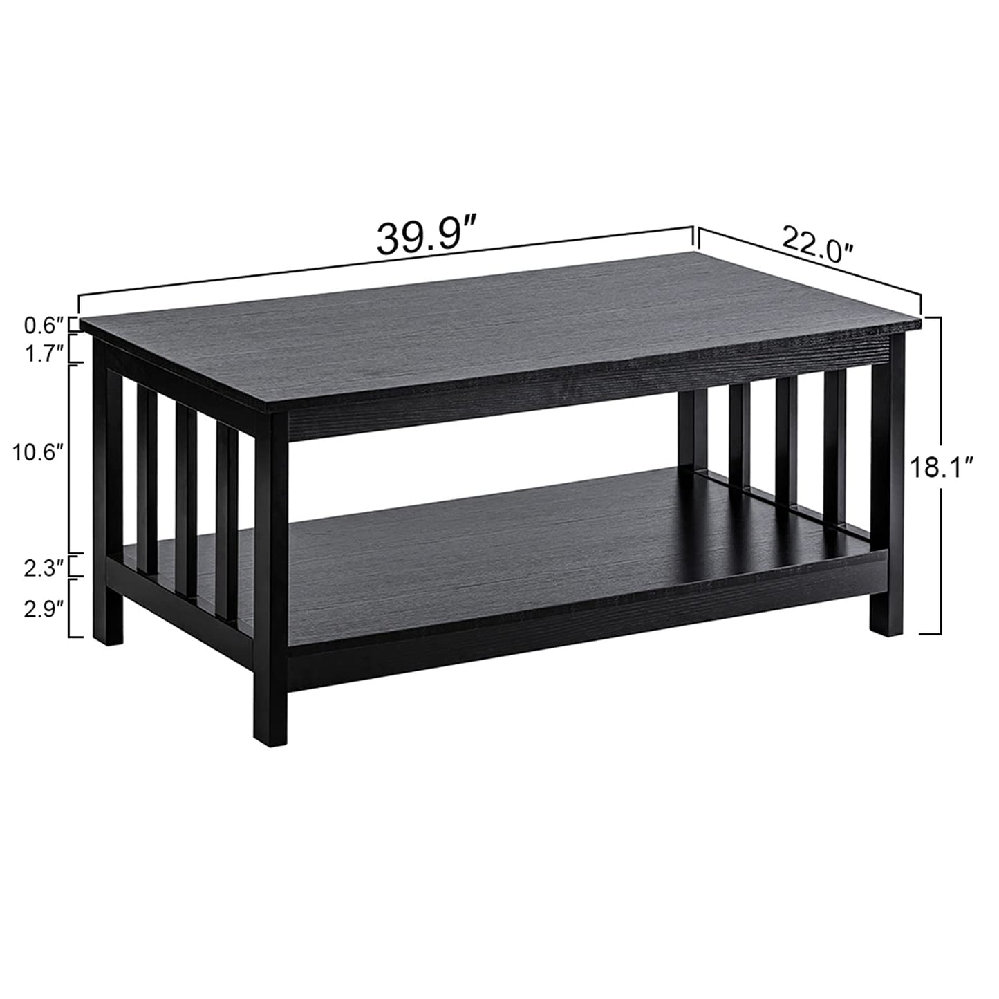 Black Wood Mission Coffee Table with Shelf, 40 Inch Living Room Table