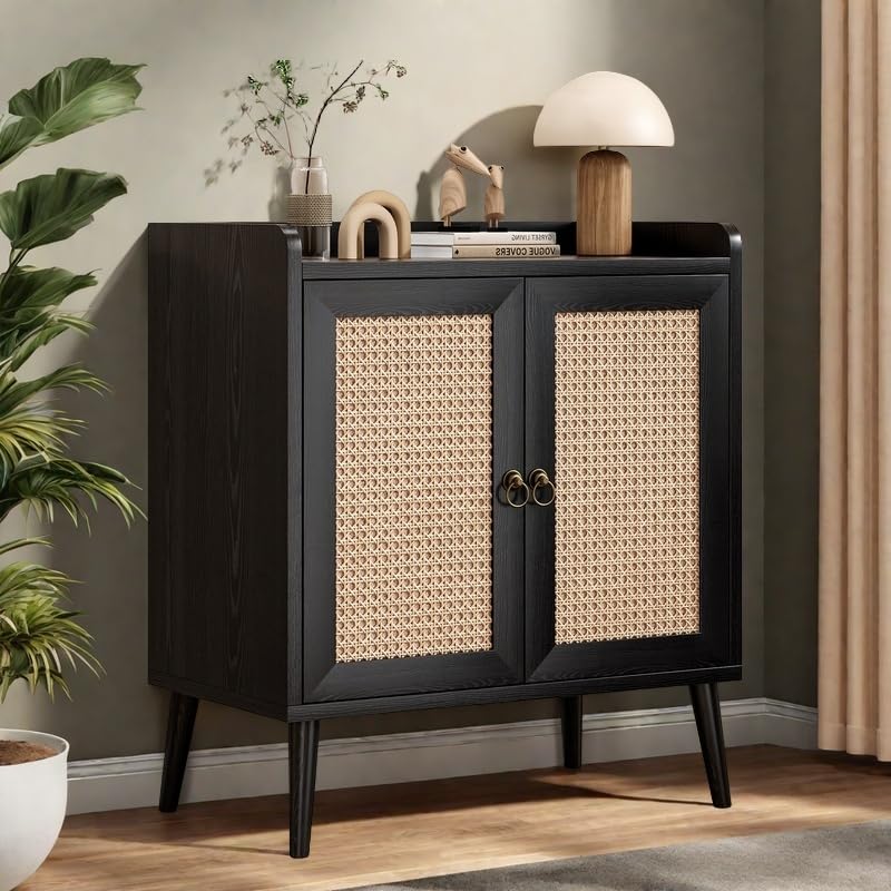 Rattan Buffet Cabinet with Round Pull Rings, Sideboard with 2 Doors and Ample Storage, Bar Liquor Shelf for Living Room or Hallway, Black