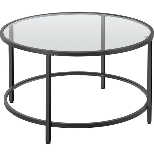 27.6" Round Glass Coffee Table with Black Metal Frame for Living Room, Office, or Apartment