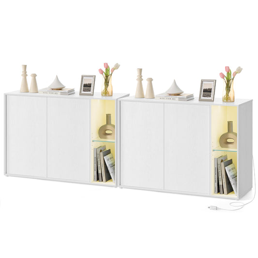 Set of 2 Storage Cabinets with Lighting and Glass Shelf, Superfast Toolless Assembly Accent Buffet Sideboards for Living Room, Snow White