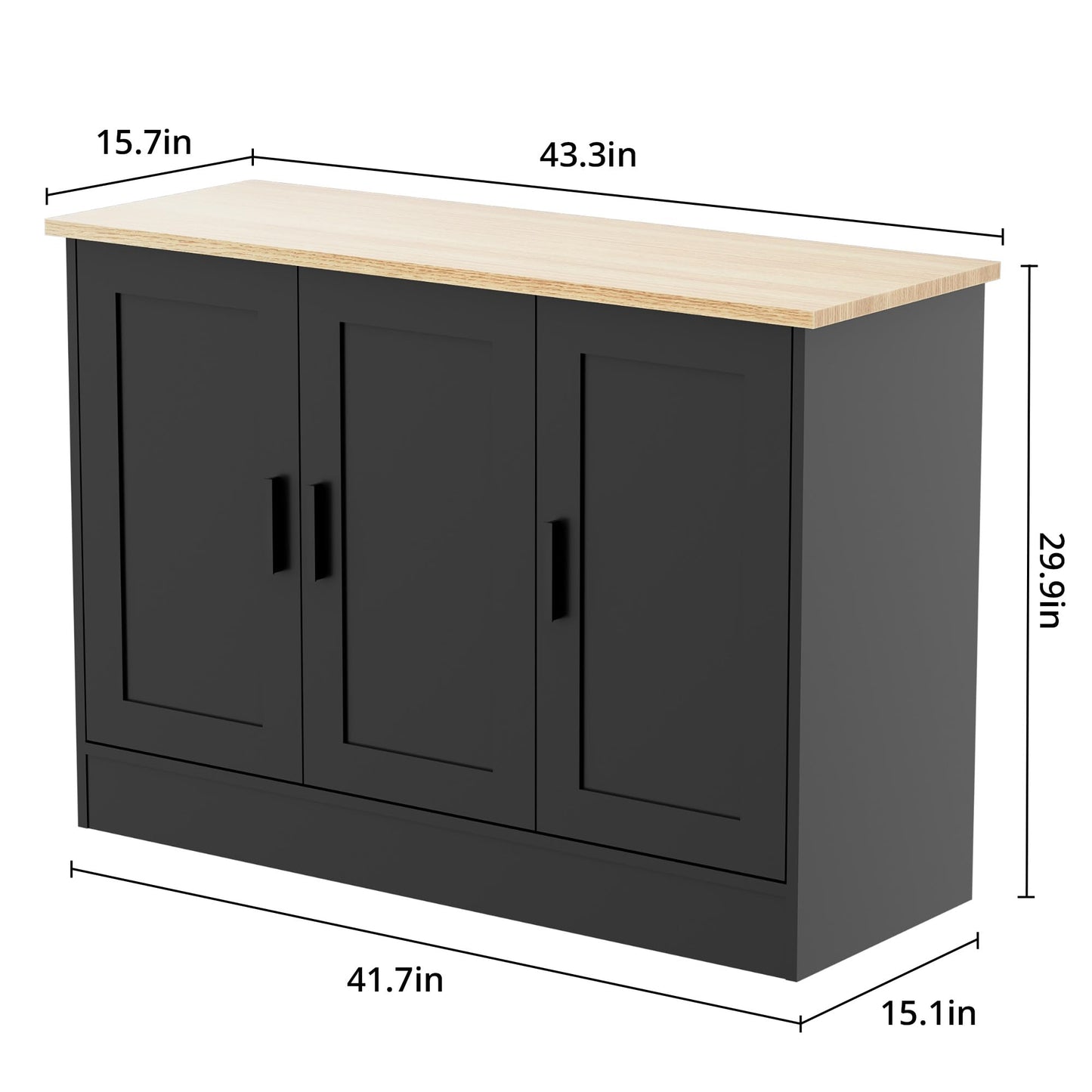 43" Black Buffet Cabinet with 3 Doors and Adjustable Shelf, Modern Coffee Bar Sideboard for Kitchen or Living Room