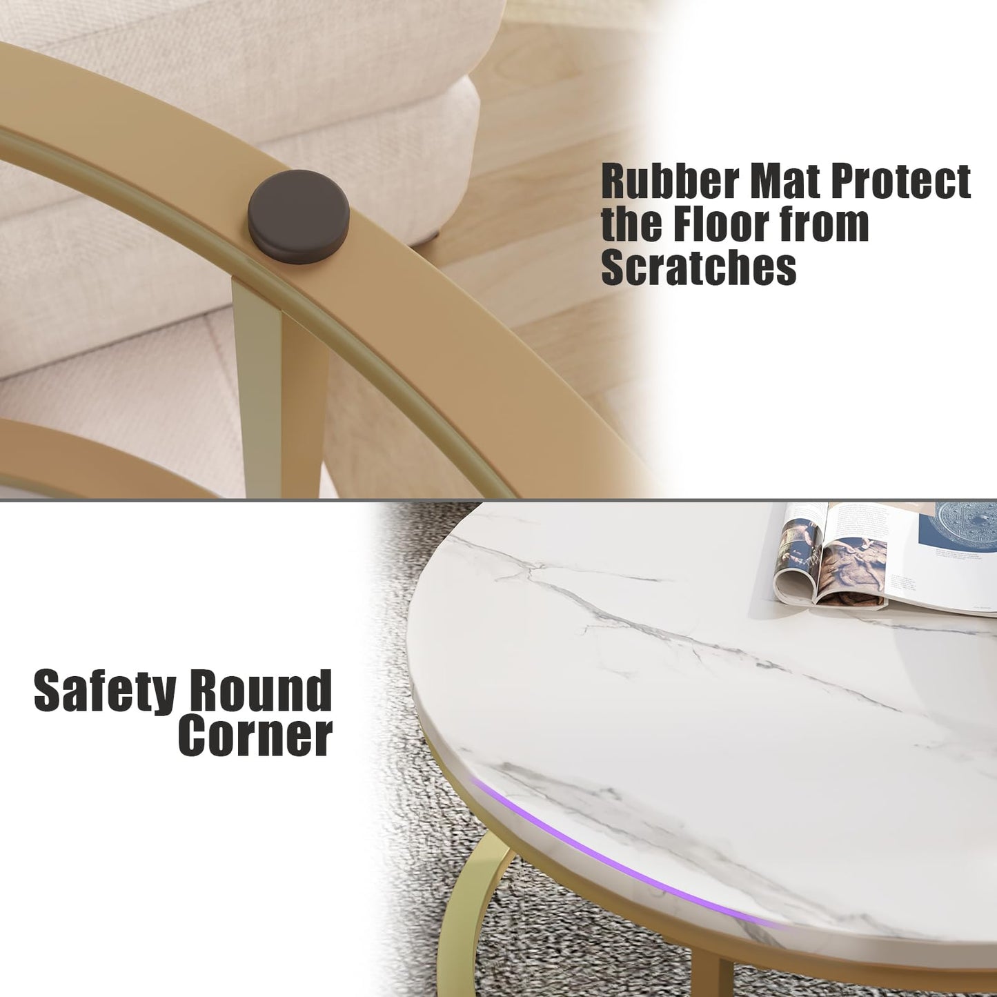 WiberWi Round Nesting Coffee Tables Set of 2 – Large Ø34", Small Ø26", Modern Gold Metal Frame Circle Tables with High Gloss Faux White Marble Top for Living Room