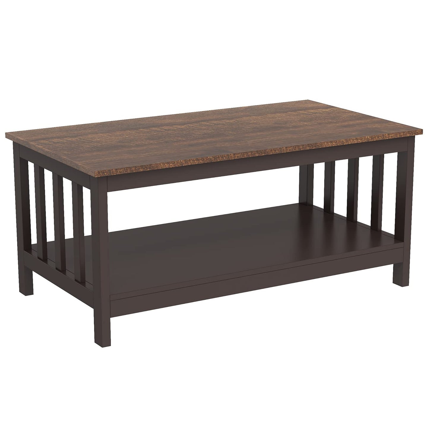 Espresso Farmhouse Coffee Table with Shelf, 40 Inch Living Room Table
