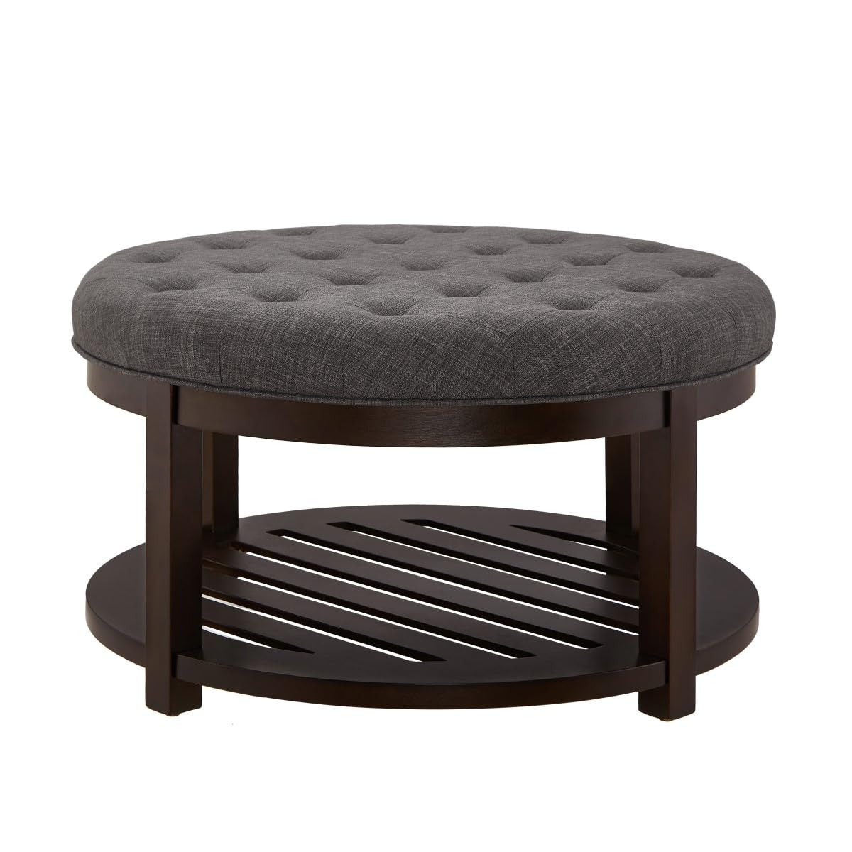 24KF Large Round Upholstered Tufted Linen Ottoman Coffee Table with Wooden Storage Shelf, Large Footrest Ottoman for Living Room, Dark Gray