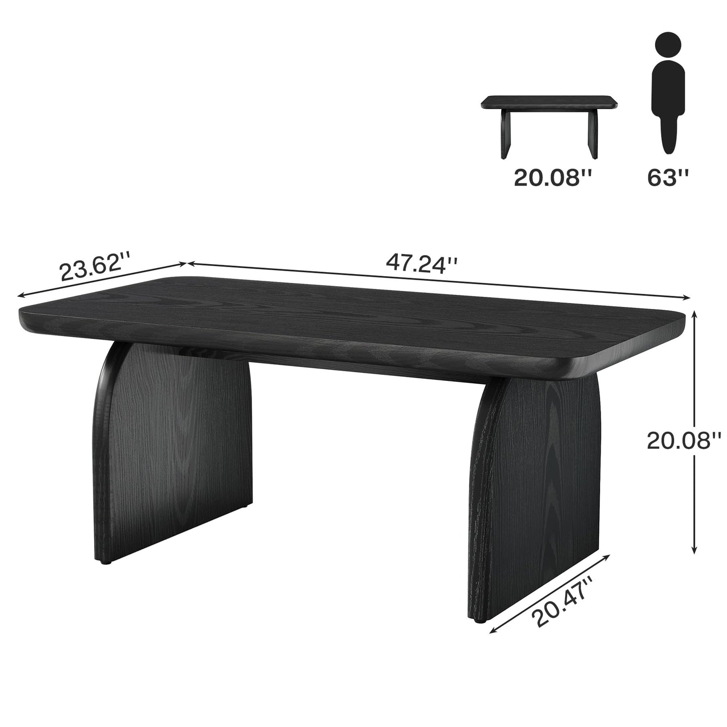 Rectangle Wood Coffee Table, 47-Inch Farmhouse Accent Center Table with Sturdy Base and Rounded Corners, Black