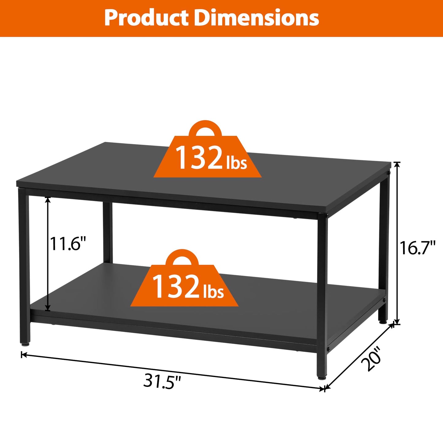 SUPER DEAL 2-Tier Industrial Coffee Table with Storage Shelf – Black Rectangle Wood and Metal Center Table for Small Apartments, Living Room, or as a TV Stand/Side End Table