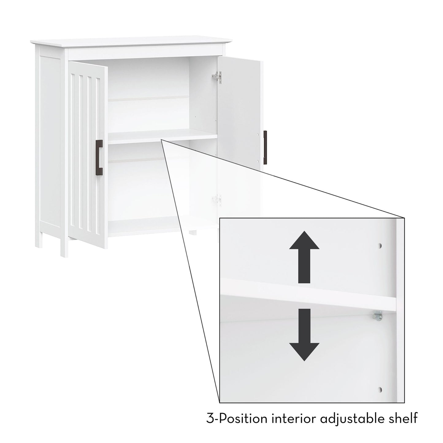 Two-Door Floor Storage Cabinet with Adjustable Shelves, Bathroom Storage with Soft-Close Doors, White Finish with Matte Black Handles