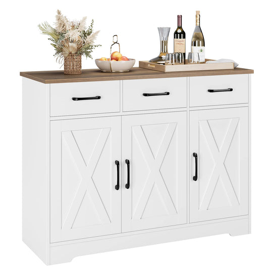 **HOSTACK Modern Farmhouse Sideboard Buffet Cabinet with Barn Doors, Drawers, and Shelves, Wood Coffee Bar Storage Cabinet for Kitchen, Dining Room, or Living Room, White**