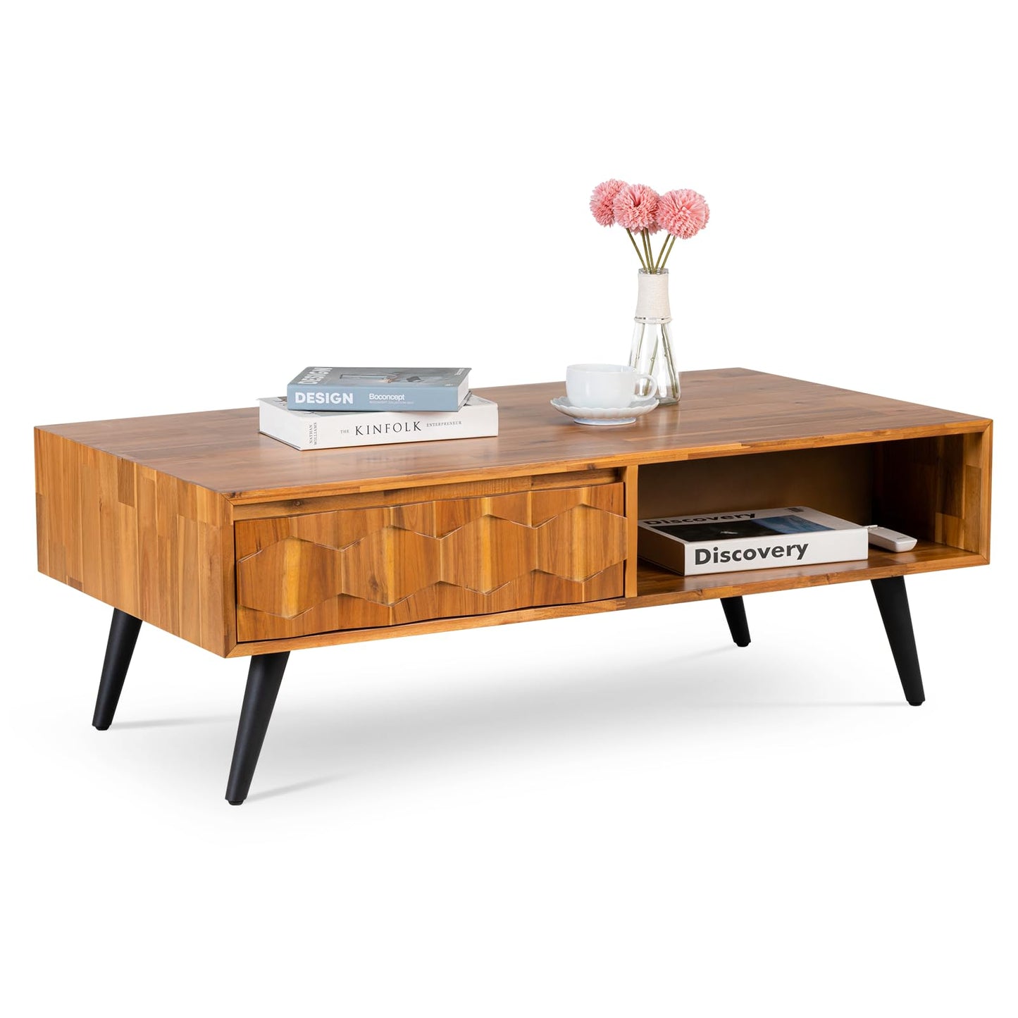 Bme Georgina Mid-Century Modern Solid Wood Coffee Table – 2 Symmetrical Storage Drawers & Geometric Details, Fully Assembled Center Table for Living Room, Teak Brown