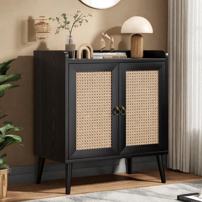 Rattan Buffet Cabinet with Round Pull Rings, Sideboard with 2 Doors and Ample Storage, Bar Liquor Shelf for Living Room or Hallway, Black