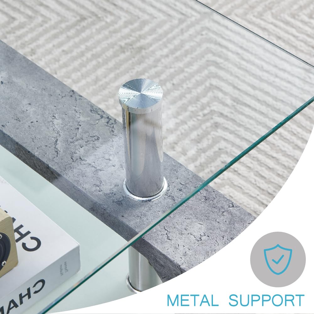 Living Room Rectangle Coffee Table, Modern Glass Tea Table with Wooden Legs & Lower Storage Shelf, Stylish Center Table for Waiting Room or Home, Grey Marble