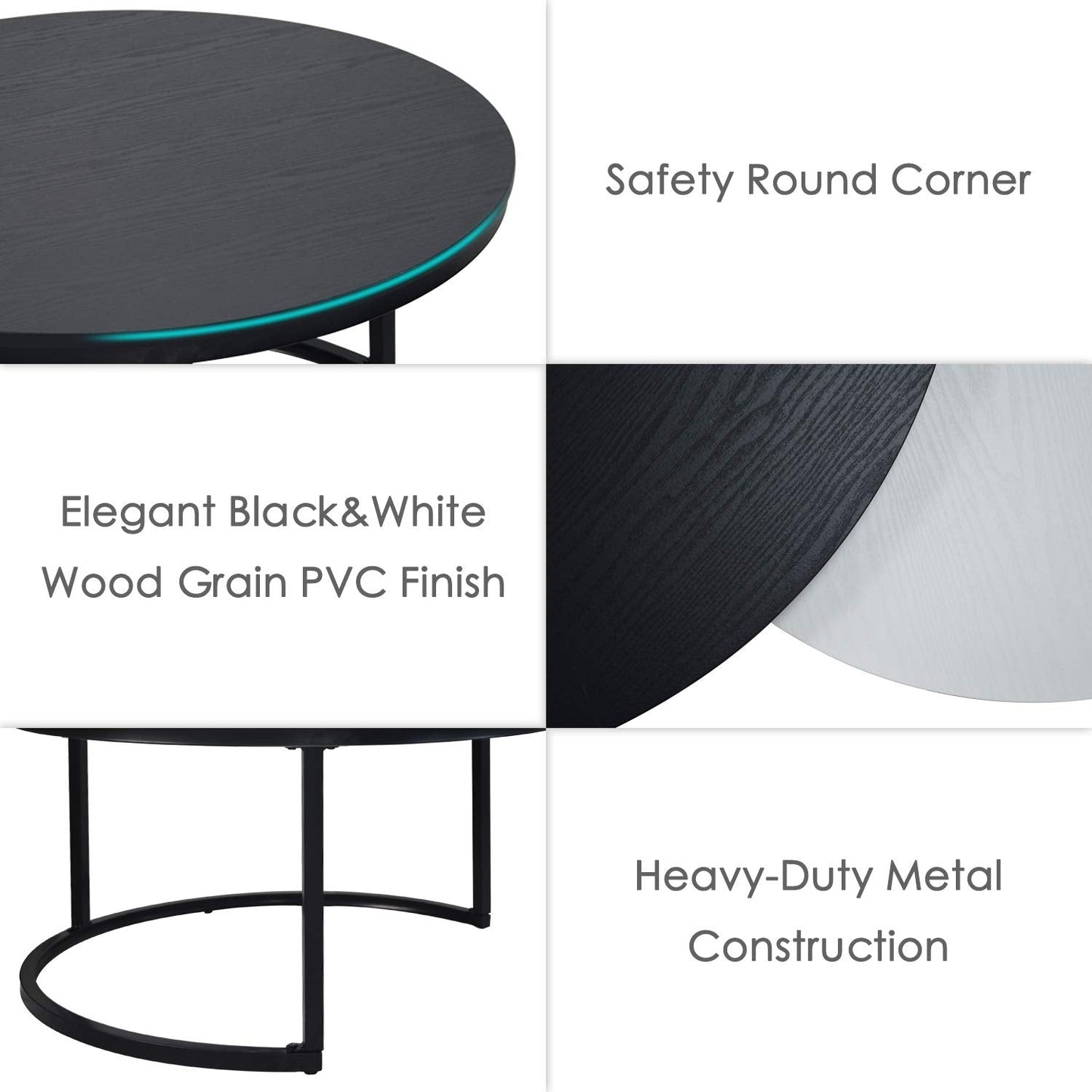 WiberWi Round Nesting Coffee Tables Set of 2 – Large Ø34", Small Ø26", Modern Metal Frame Side & End Tables for Living Room, Black & White