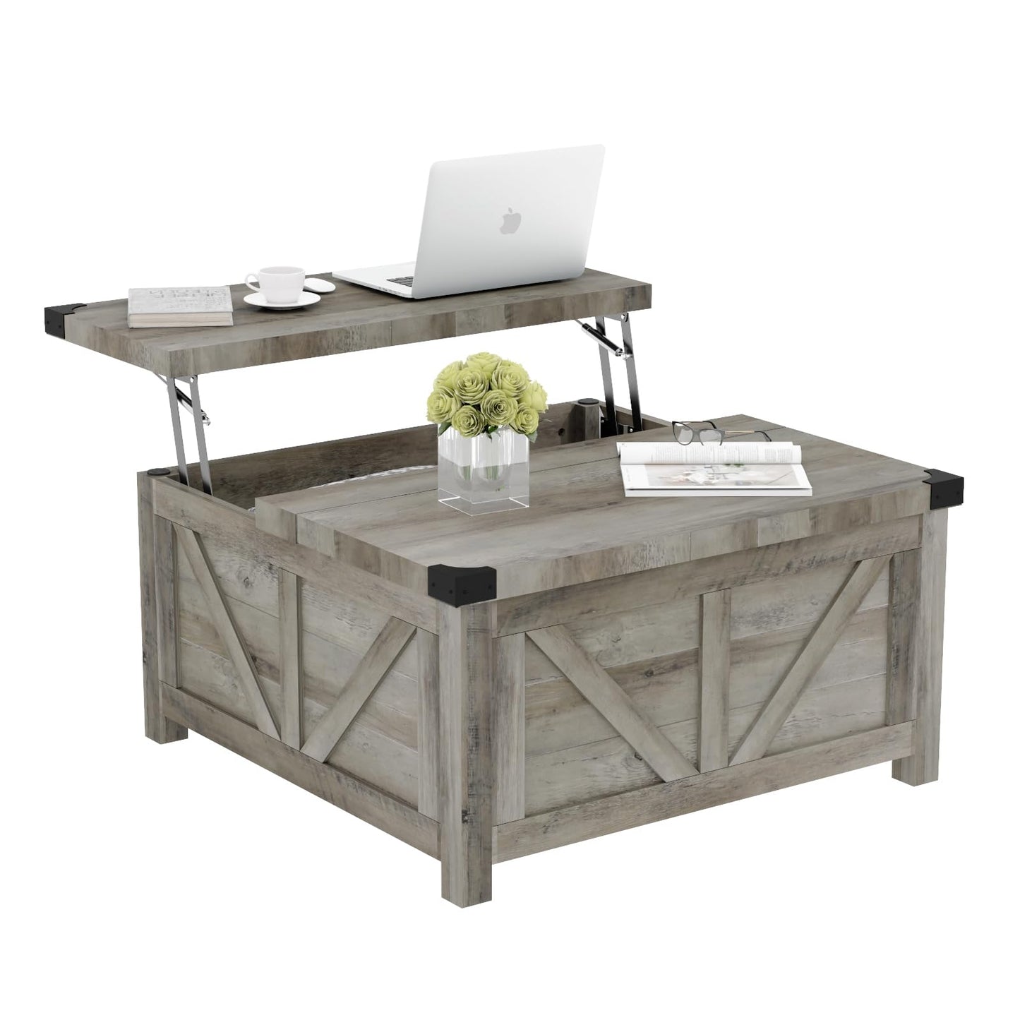Farmhouse Lift Top Coffee Table with Storage and Charging Station – Grey Wood Square Center Table with USB Ports, Hidden Compartment, and Spacious Storage for Living Room, Bedroom, or Home Office