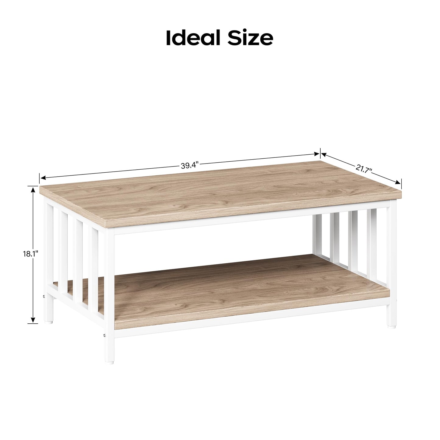 Modern Farmhouse Coffee Table with Slatted Frame, 2-Tier Storage Shelf for Living Room or Office, 39 Inch Light Coffee