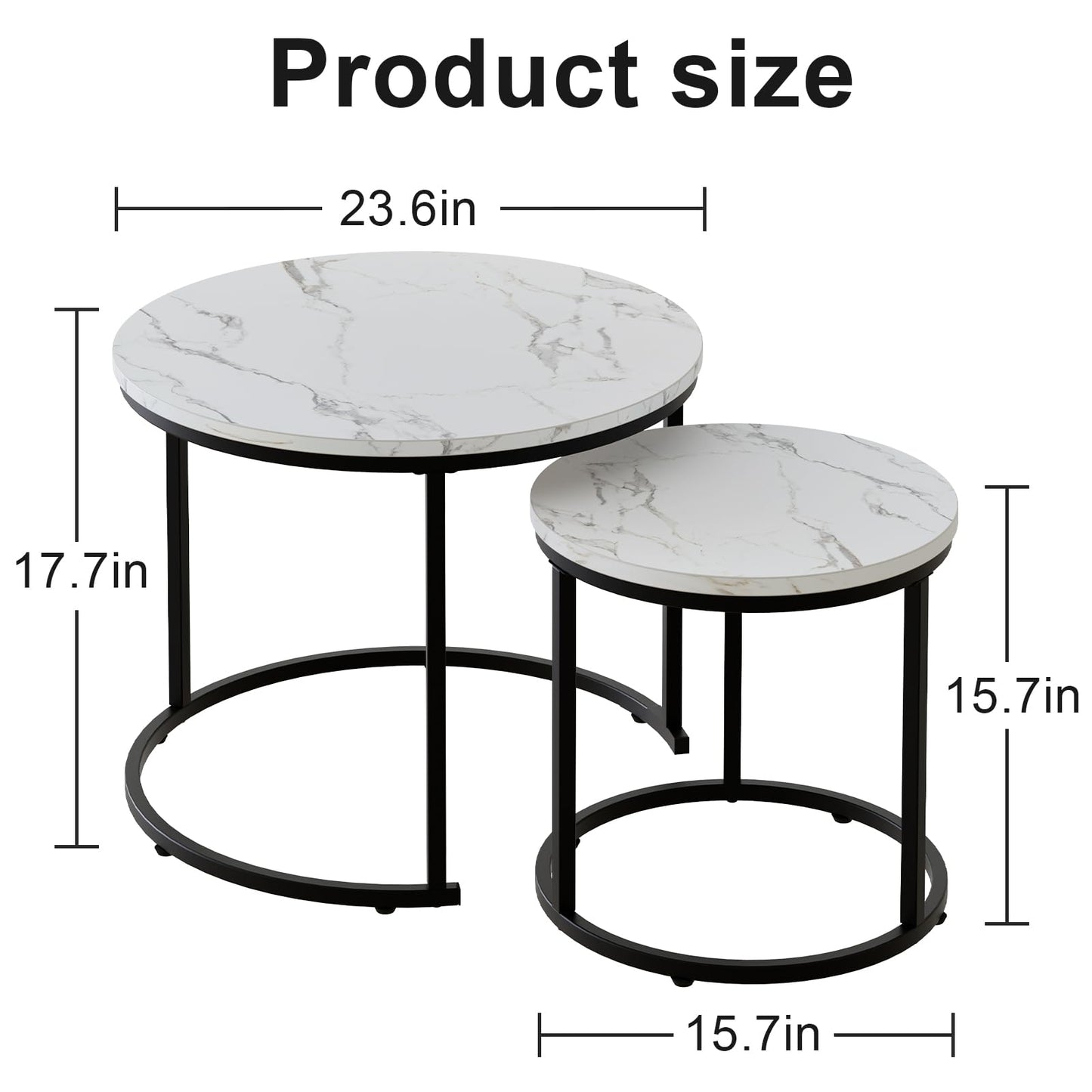 Round Nesting Coffee Table Set of 2, White Faux Marble Wooden Tables with Black Steel Frame for Living Room or Bedroom