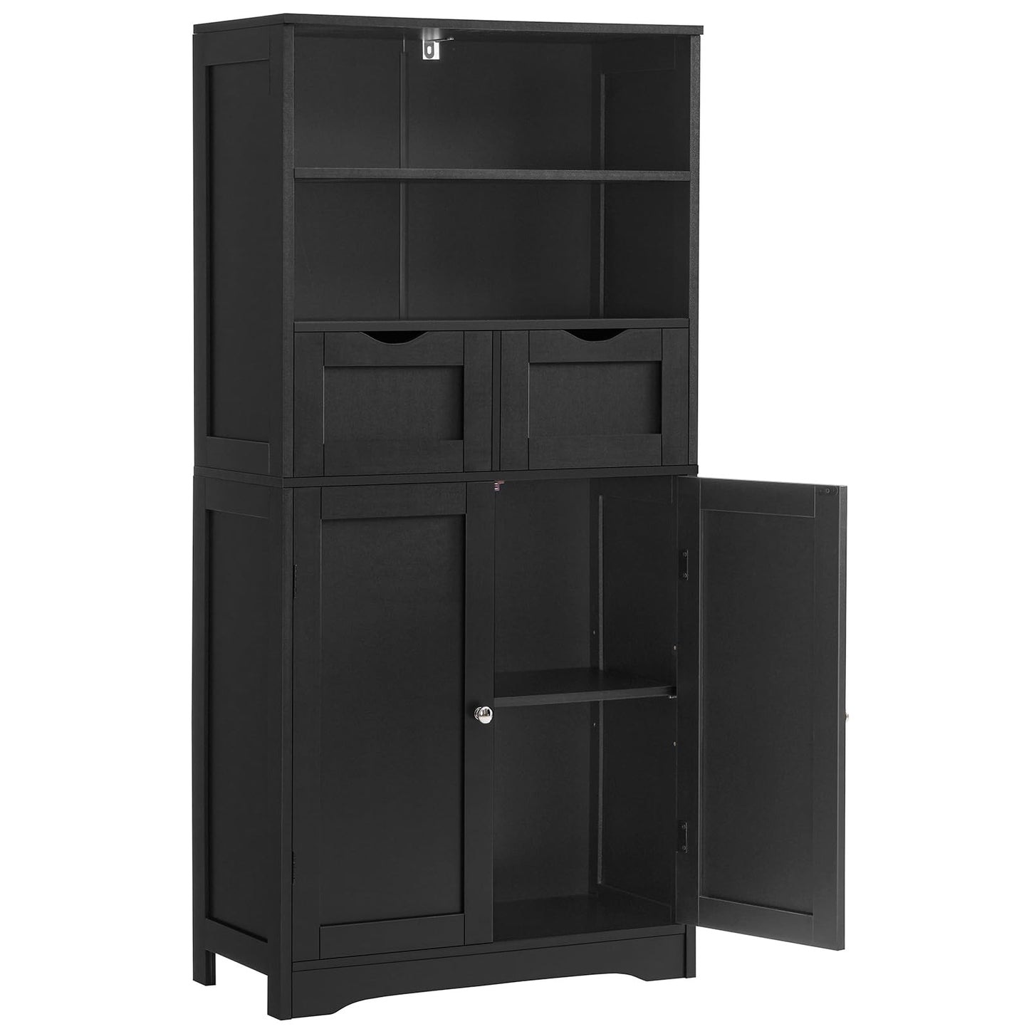 Tall Storage Cabinet with 2 Drawers and Adjustable Shelves, Black Bathroom or Living Room Cabinet for Dining Room or Entryway