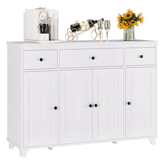 47" White Buffet Cabinet with 3 Drawers, 4 Doors, and Adjustable Shelves, Modern Coffee Bar Sideboard for Kitchen, Dining, or Living Room