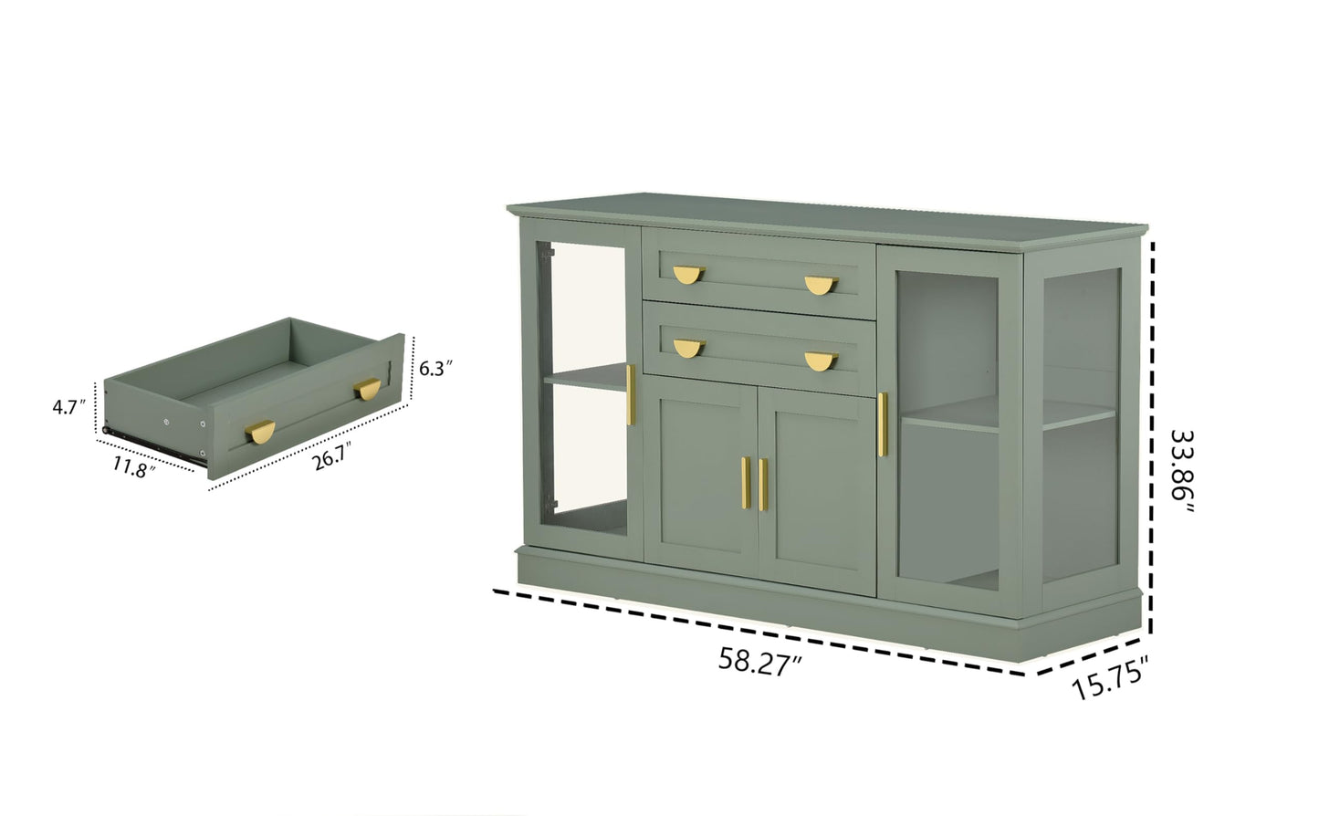 **58.27'' Buffet Cabinet with 2 Drawers and Adjustable Shelves, Large Glass Door Coffee Bar Cabinet, Modern Farmhouse Sideboard Credenza for Kitchen, Dining Room, Green**