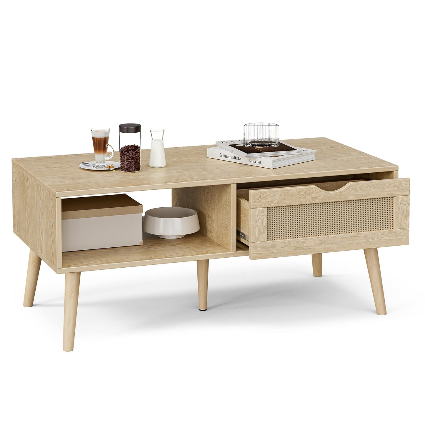 Boho Coffee Table with Rattan Drawer and Solid Wood Legs, Small Living Room Table with Storage, Oak