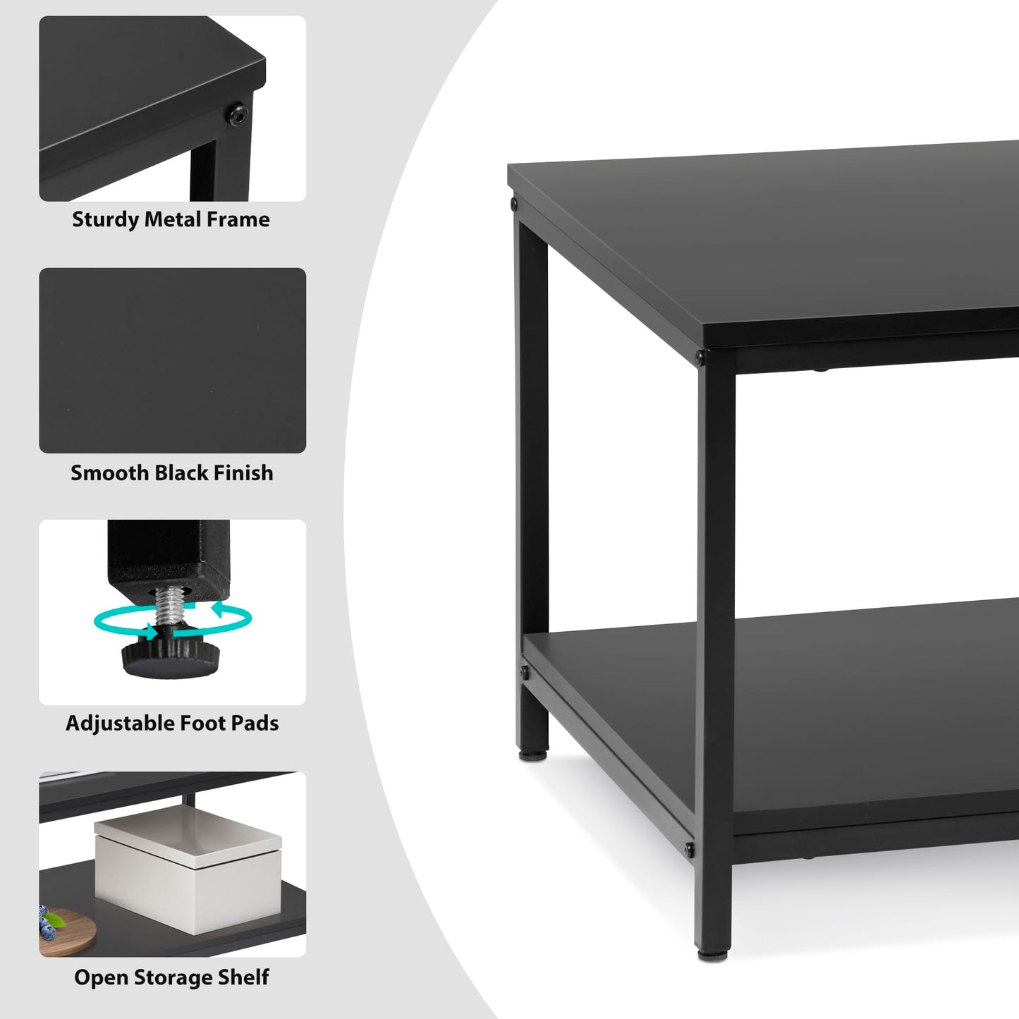 SUPER DEAL 2-Tier Industrial Coffee Table with Storage Shelf – Black Rectangle Wood and Metal Center Table for Small Apartments, Living Room, or as a TV Stand/Side End Table