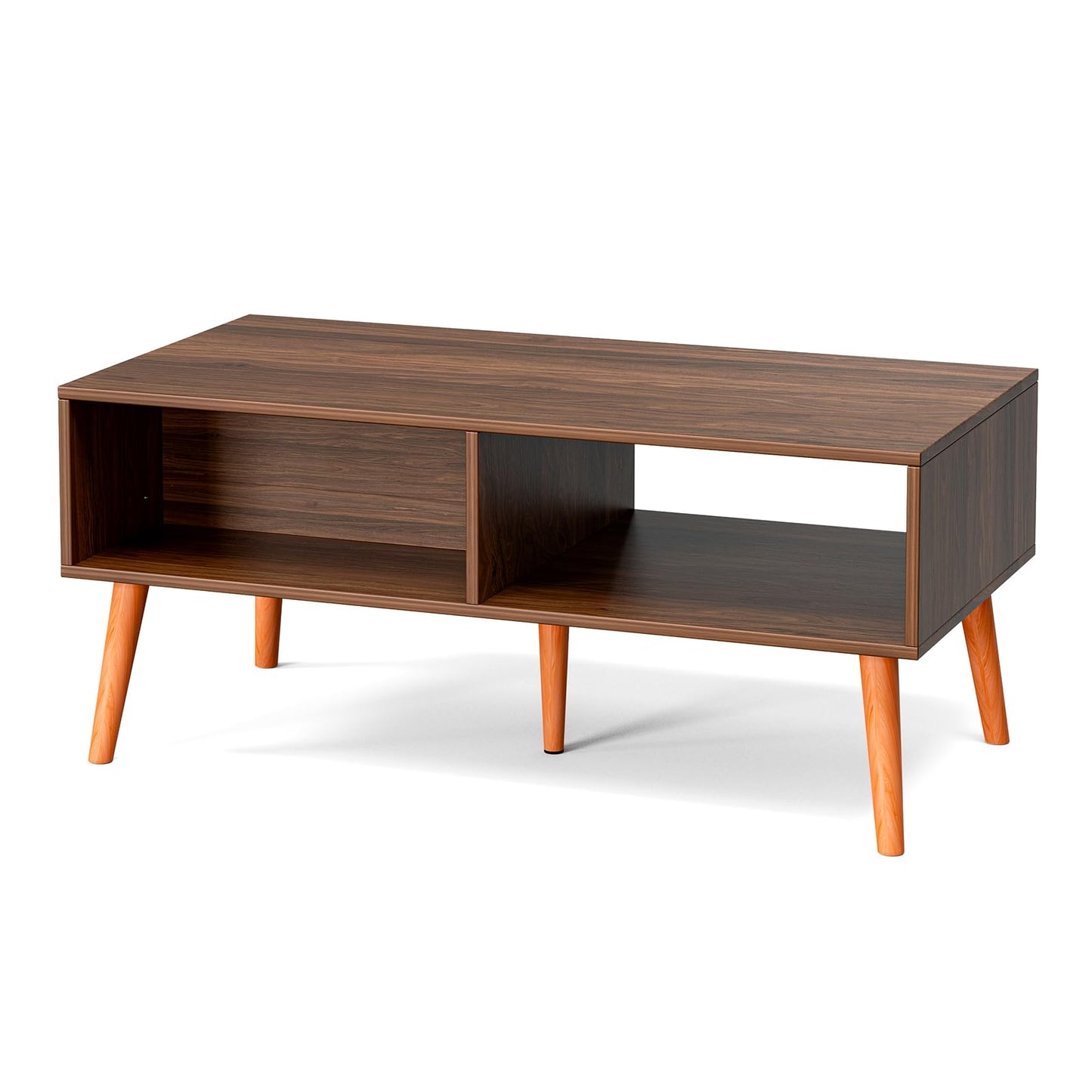 Boho Coffee Table with Rattan Drawer and Solid Wood Legs, Small Living Room Table with Storage, Walnut